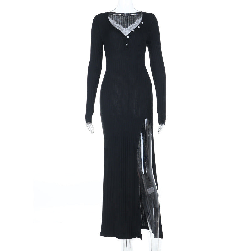 Ribbed Bodycon Maxi Dress with Lace Trim and Side Slit
