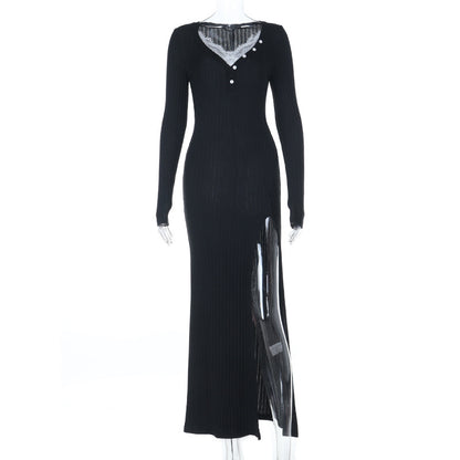 Ribbed Bodycon Maxi Dress with Lace Trim and Side Slit
