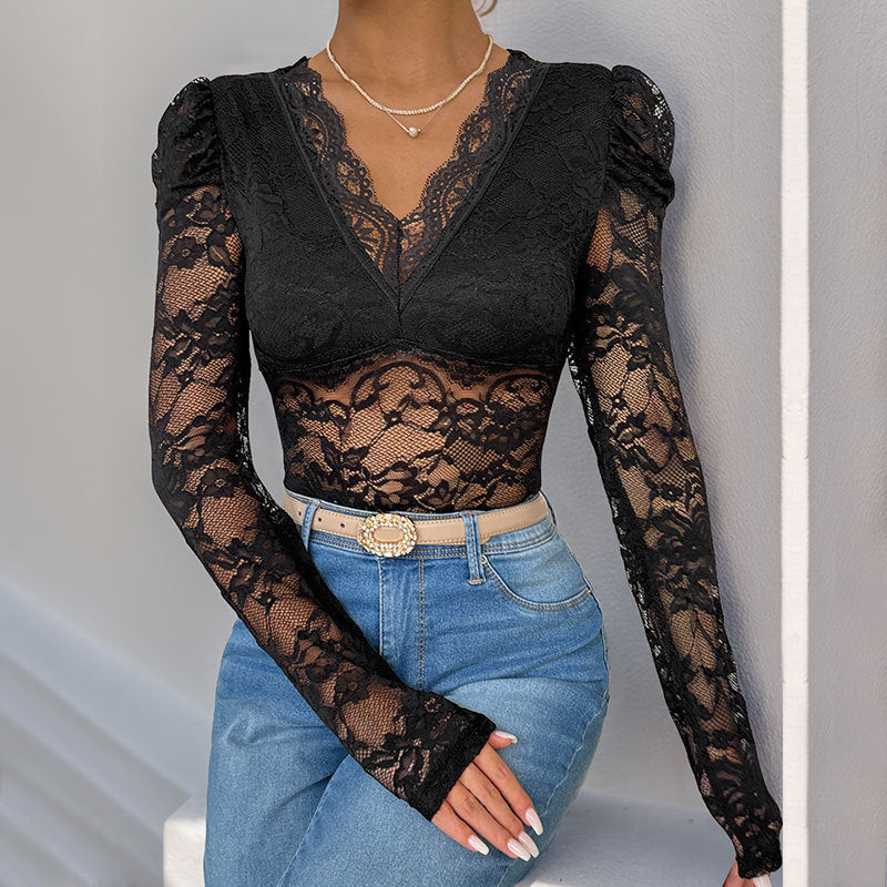 Lace Slim Fit Bodysuit with V-Neck and Puff Long Sleeves