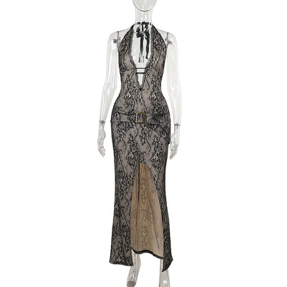 Retro Lace Neck Split Dress Holiday