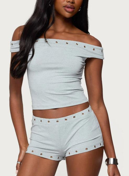 Bodycon Off-the-Shoulder Shorts Set with Rivet Detail