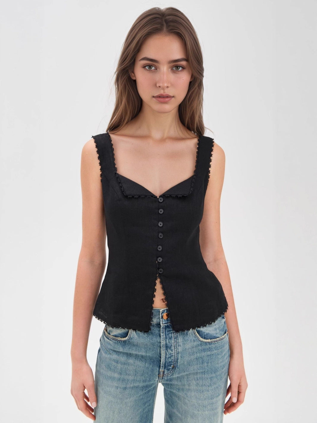 Slim Fit V-Neck Vest with Button Front and Lace Trim