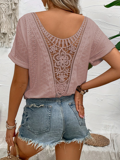 Short-Sleeve Eyelet Knit Top with Crochet Lace V-Back