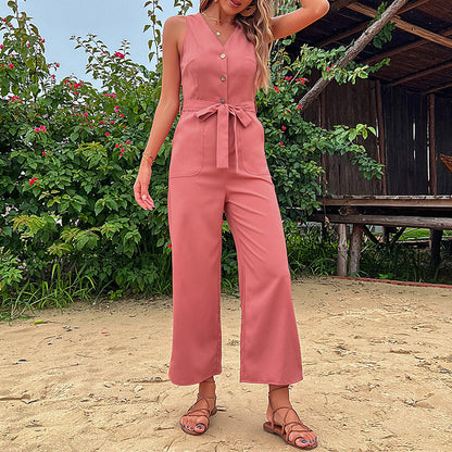 Wide-Leg Cropped Jumpsuit with Button Front and Tie Waist