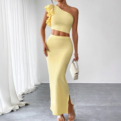 Bodycon Maxi Skirt Set with One-Shoulder Ruffle Detail