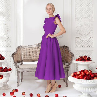 A-Line Midi Dress with Ruffled Shoulders