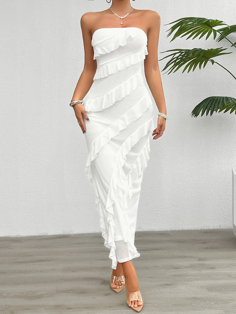 Solid Bodycon Maxi Dress with Tube Top and Cascading Ruffles