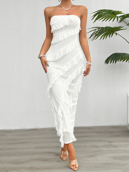 Solid Bodycon Maxi Dress with Tube Top and Cascading Ruffles