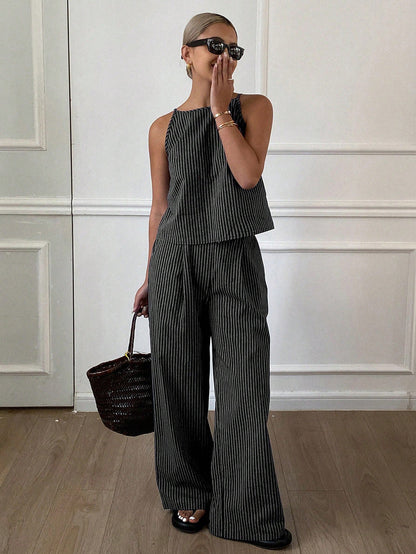 Striped Two-Piece Set with Sleeveless Top and Wide-Leg Pants