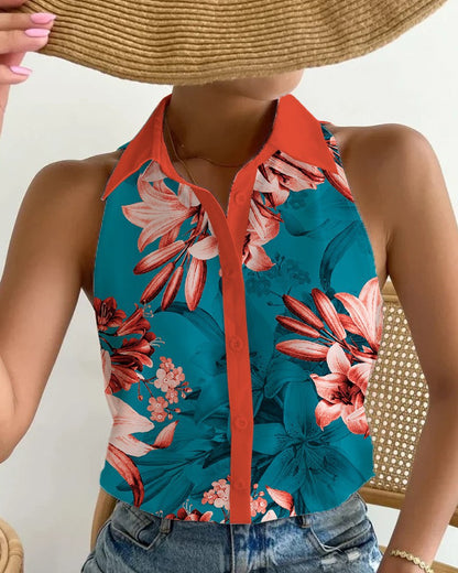 Abstract Print Halter Top with Collared Button Front