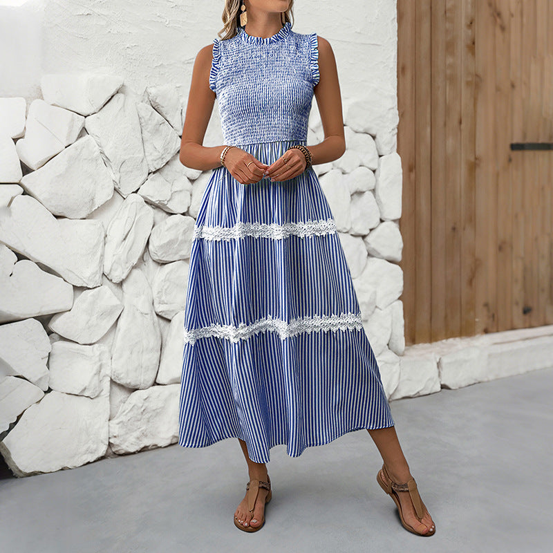 Striped A-Line Midi Dress with Smocked Bodice and Lace Trim