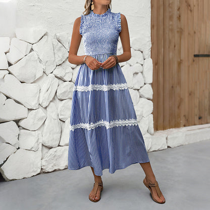 Striped A-Line Midi Dress with Smocked Bodice and Lace Trim