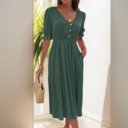 A-Line Tiered Midi Dress with V-Neck and Puff Sleeves