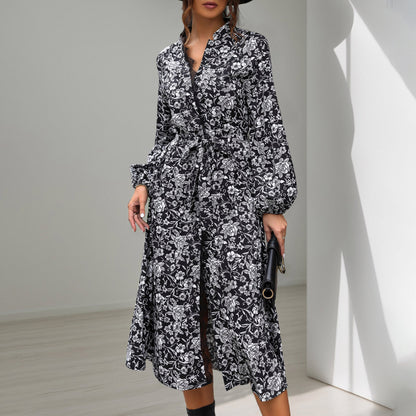 Floral Print Shirt Dress with Tie Waist and Balloon Sleeves