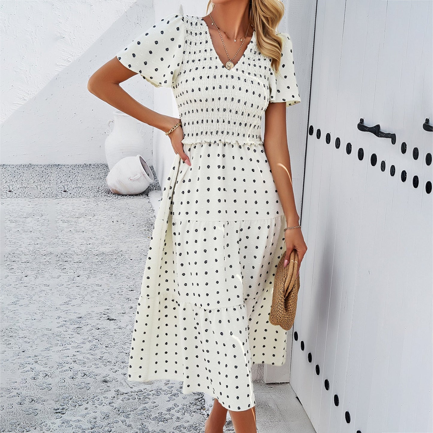 Polka Dot A-Line Midi Dress with Shirred Bodice and V-Neck