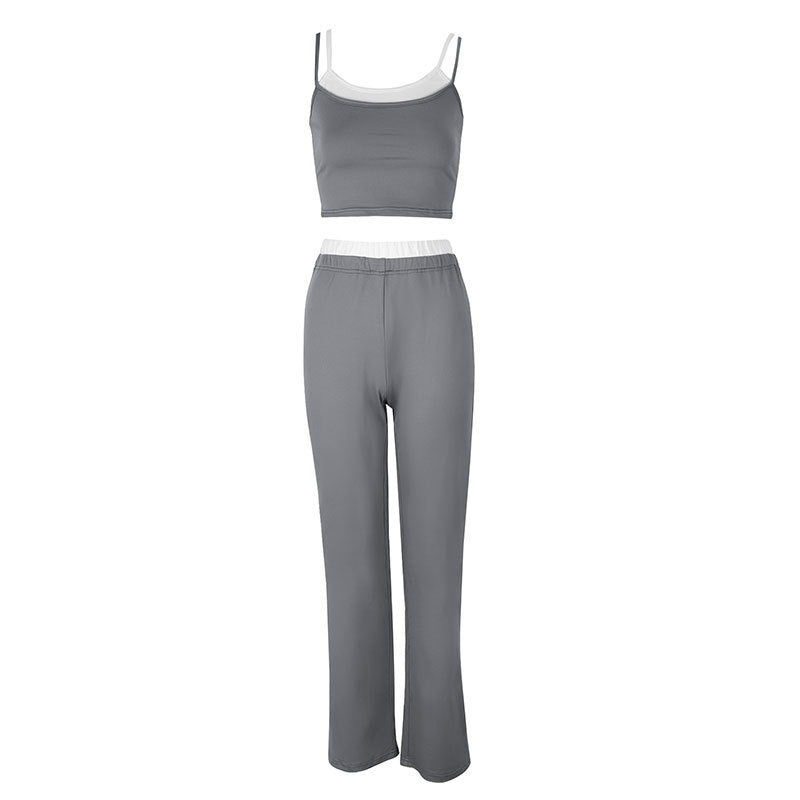 Contrast Trim Camisole and Straight-Leg Trousers Two-Piece Set