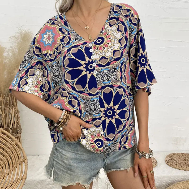 Geometric Floral Print Bat-Sleeve Top with V-Neck