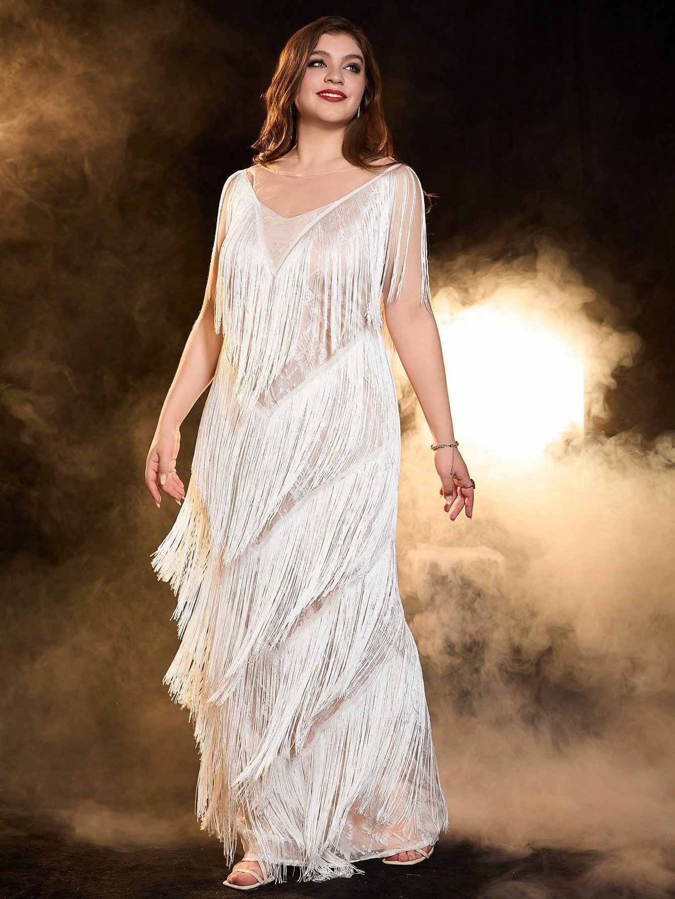 Bodycon Maxi Dress with V-Neck and Tassel Overlay