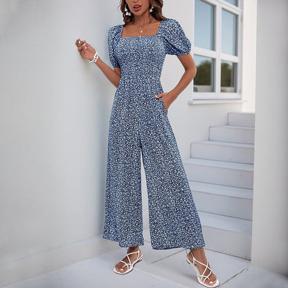 Smocked Floral Jumpsuit with Square Neck and Wide Legs