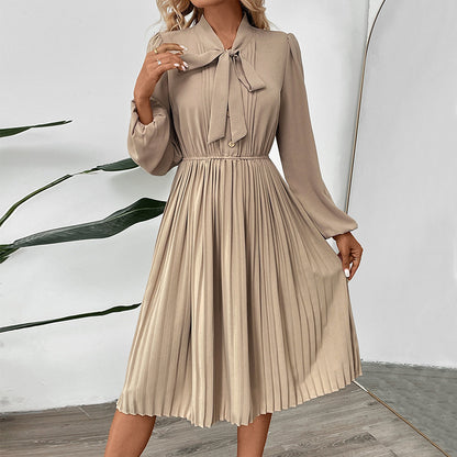 Solid A-Line Pleated Midi Dress with Pussy-Bow and Puff Sleeves