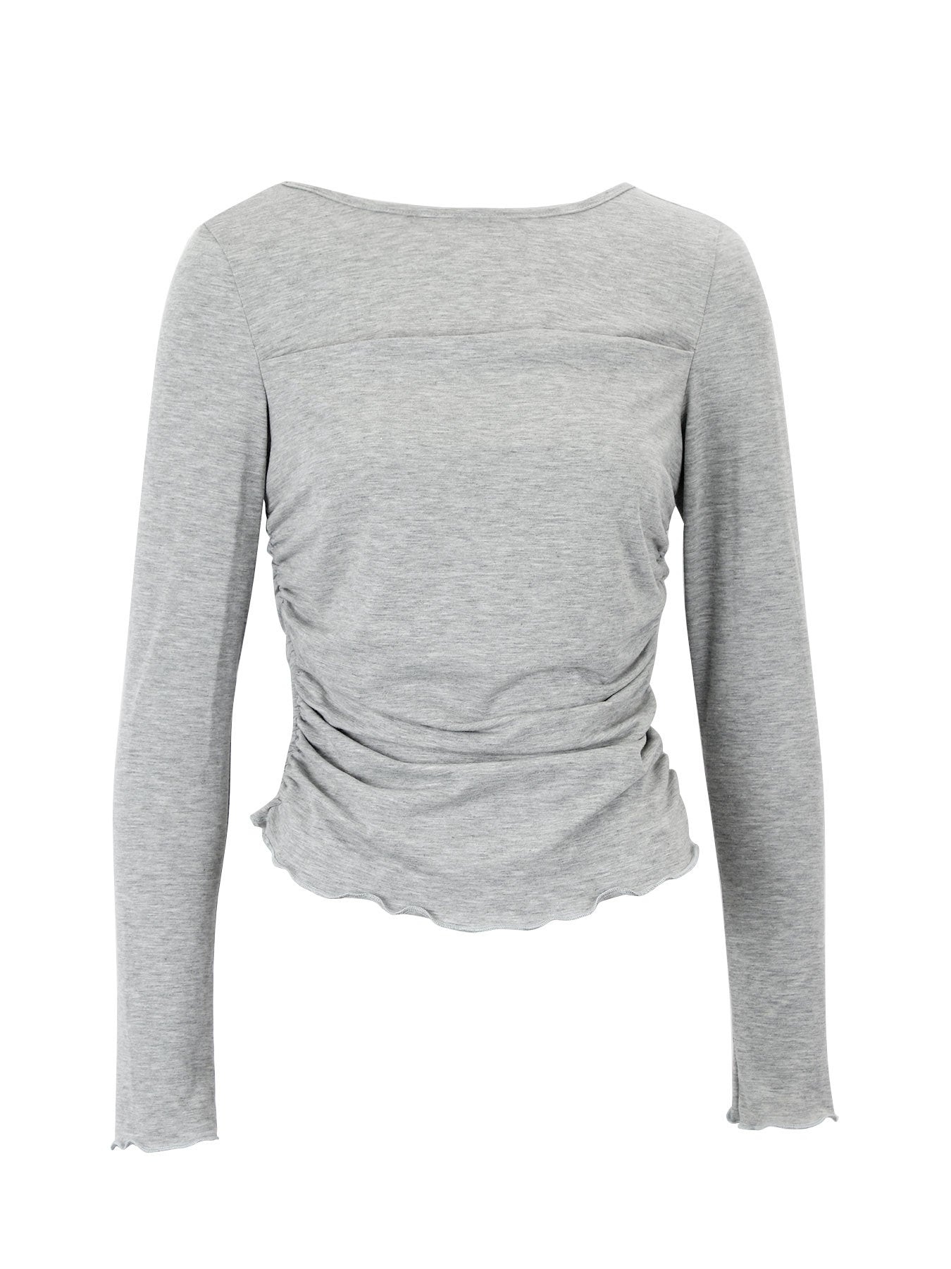 Slim Fit Long Sleeve T-Shirt with Ruched Detail and Lettuce Hem