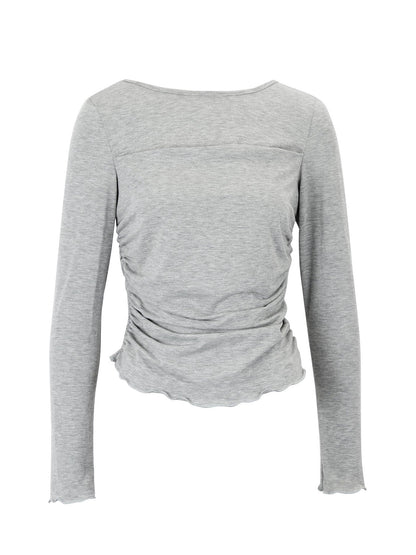Slim Fit Long Sleeve T-Shirt with Ruched Detail and Lettuce Hem