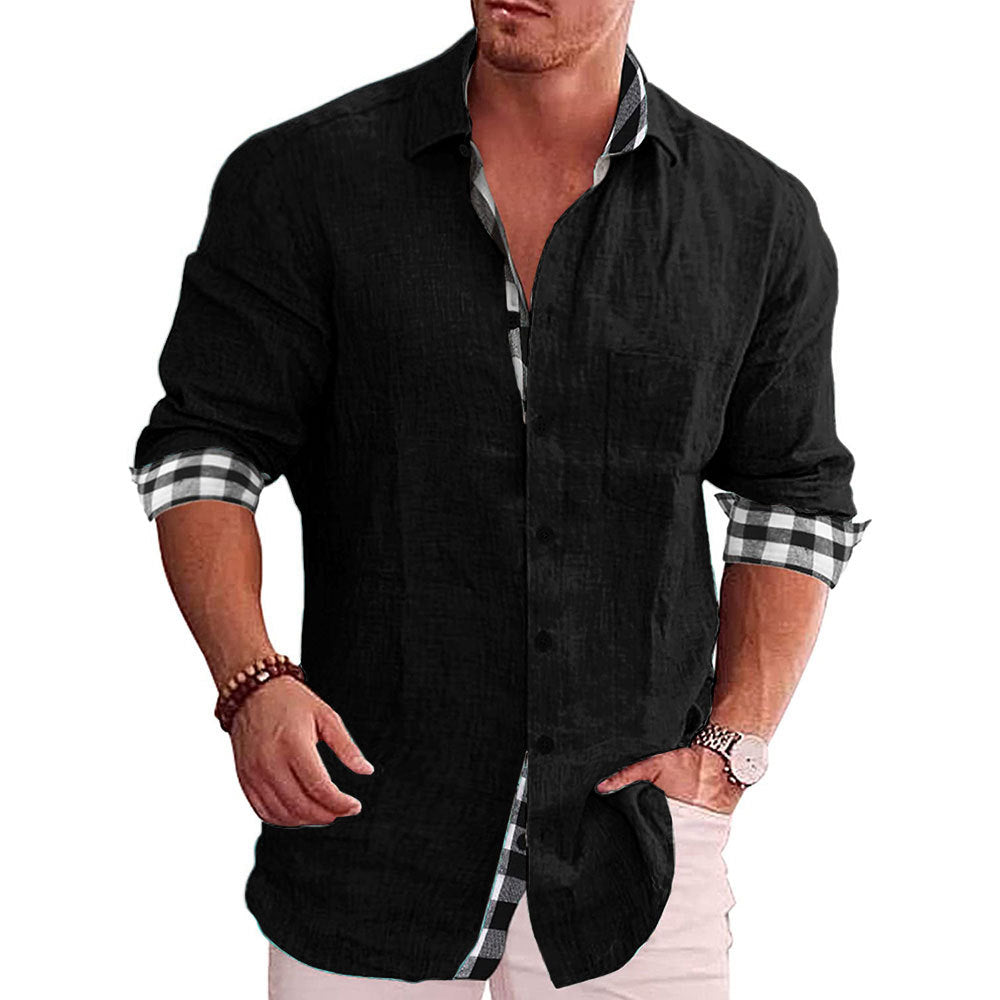 Long Sleeve Button-Down Shirt with Plaid Contrast