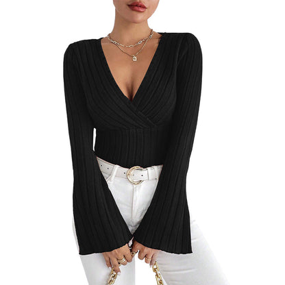 Slim Fit Ribbed Top with V-Neck and Flared Sleeves
