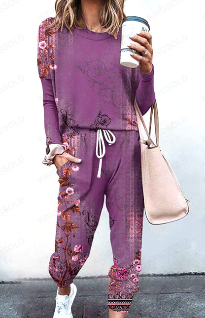 Spliced Long Sleeve Loungewear Set with Jogger Pants