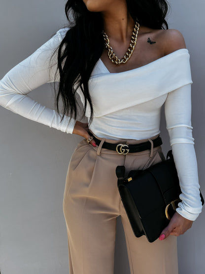 Solid Top with Asymmetrical Draped Neckline and Long Sleeves