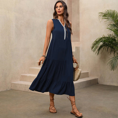 Tiered Maxi Dress with V-Neck and Lace Trim