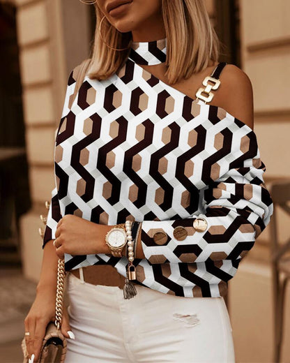 Geometric Print Blouse with Choker Neck and Chain Shoulder