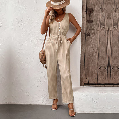 Sleeveless Pleated Jumpsuit with Drawstring Waist