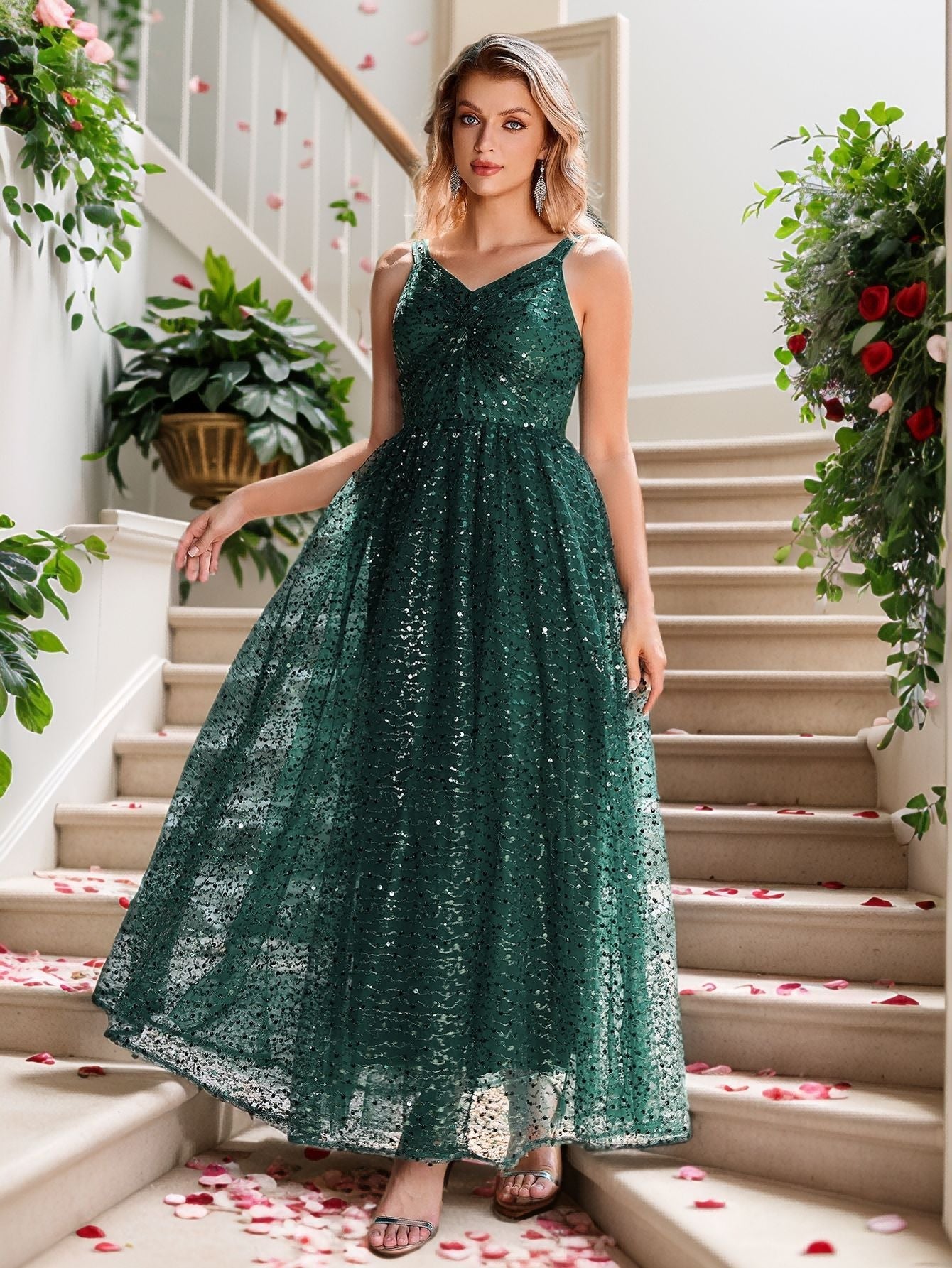Sequined A-Line Maxi Dress with V-Neck and Backless Detail