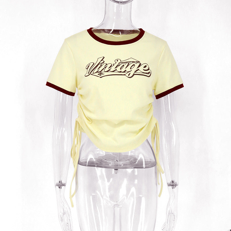 Slim Fit Cropped Ringer T-Shirt with Vintage Graphic and Waist Ties