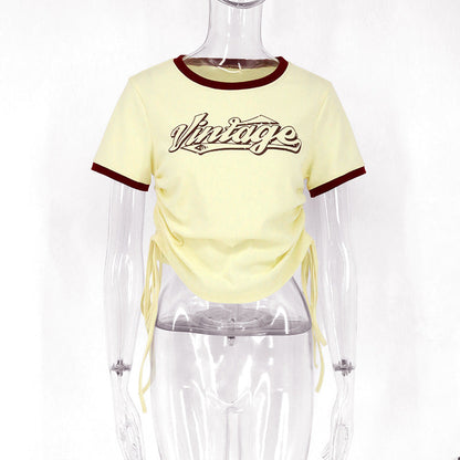 Slim Fit Cropped Ringer T-Shirt with Vintage Graphic and Waist Ties