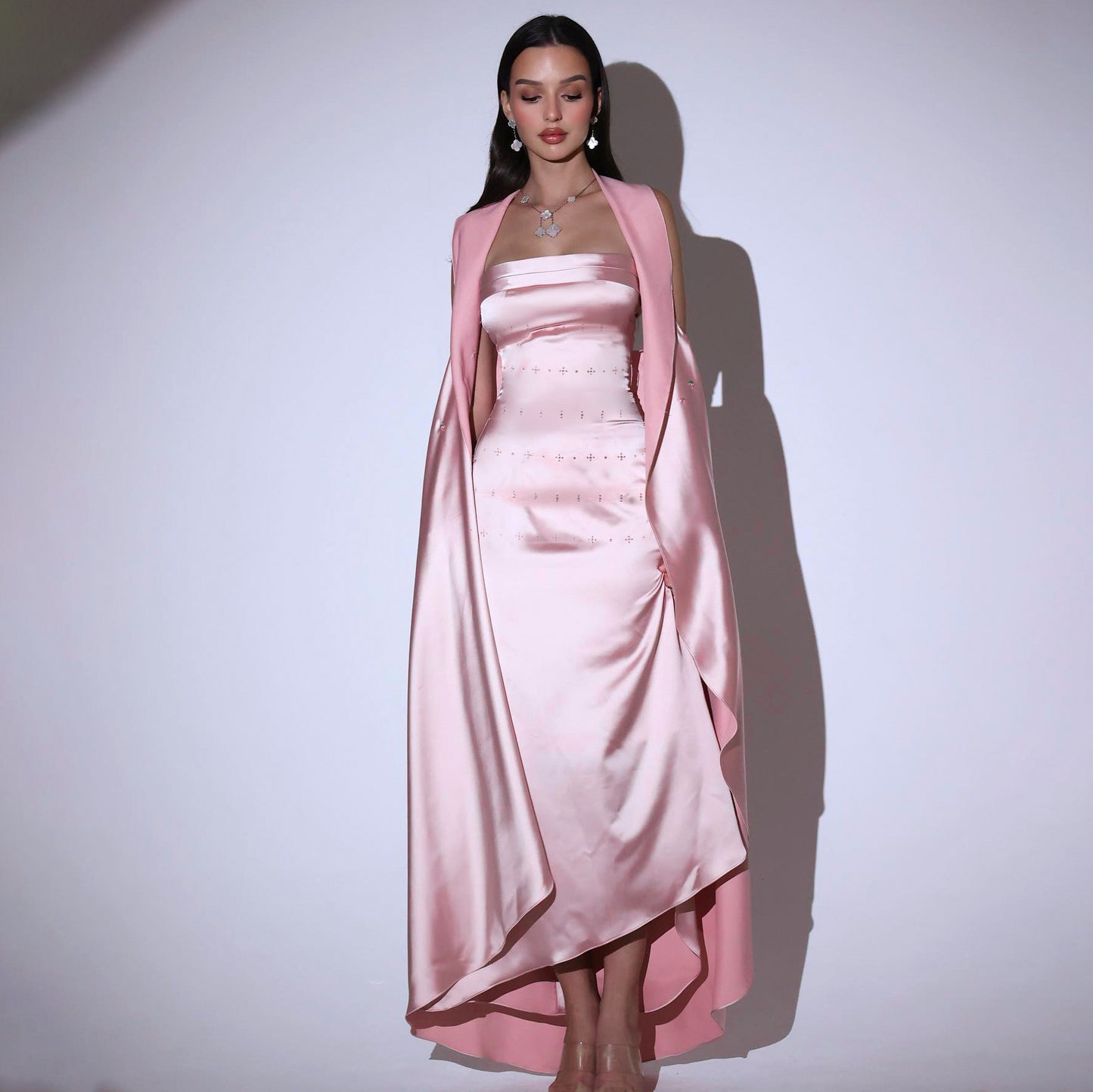 Strapless Sheath Maxi Dress with Matching Cape Detail