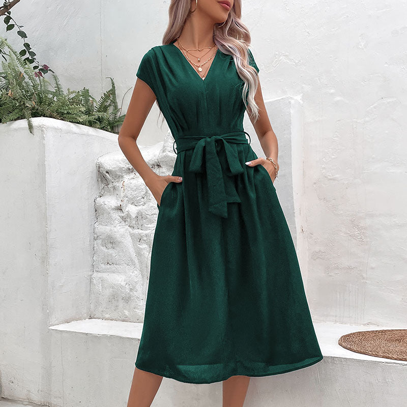 A-Line Midi Dress with V-Neck and Self-Tie Waist