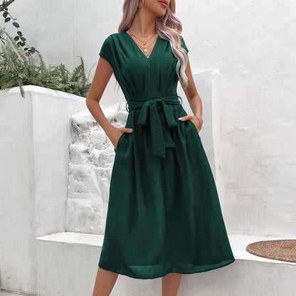A-Line Midi Dress with V-Neck and Self-Tie Waist