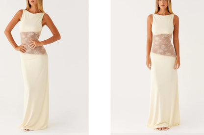 Sleeveless Backless Maxi Dress with Lace Midriff Panel