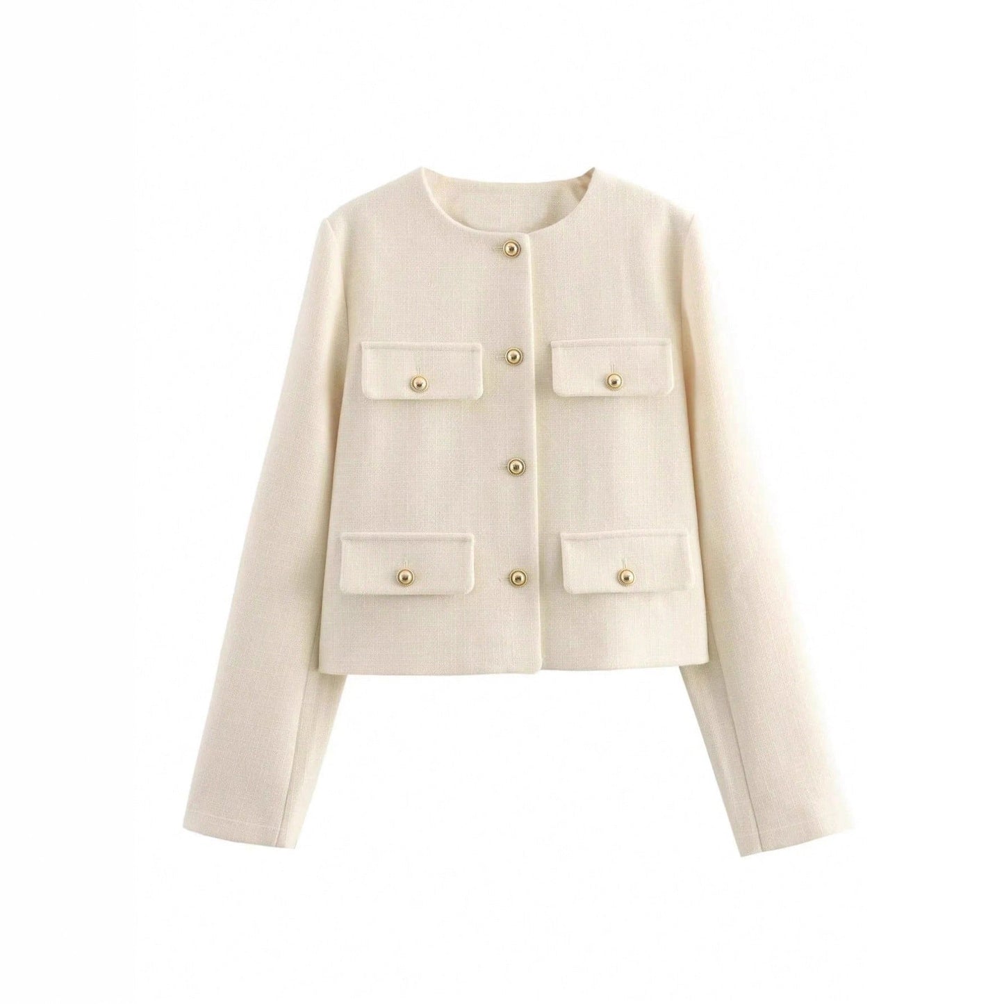 Cropped Collarless Jacket with Button-Flap Pockets