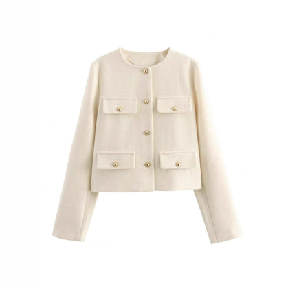 Cropped Collarless Jacket with Button-Flap Pockets