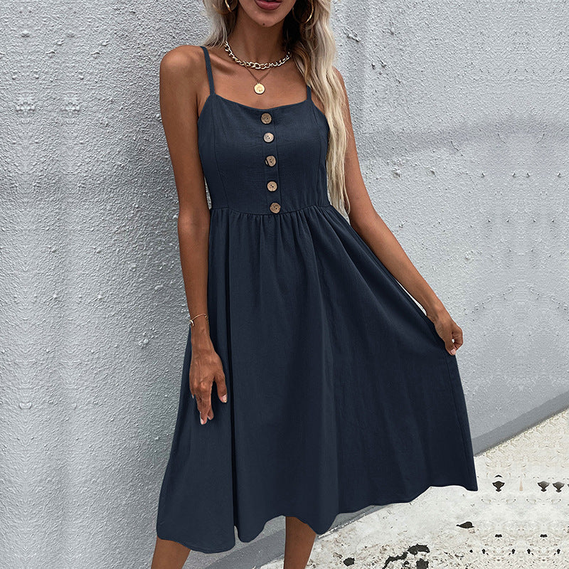 Solid A-Line Midi Dress with Spaghetti Straps and Button Front