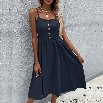 Solid A-Line Midi Dress with Spaghetti Straps and Button Front