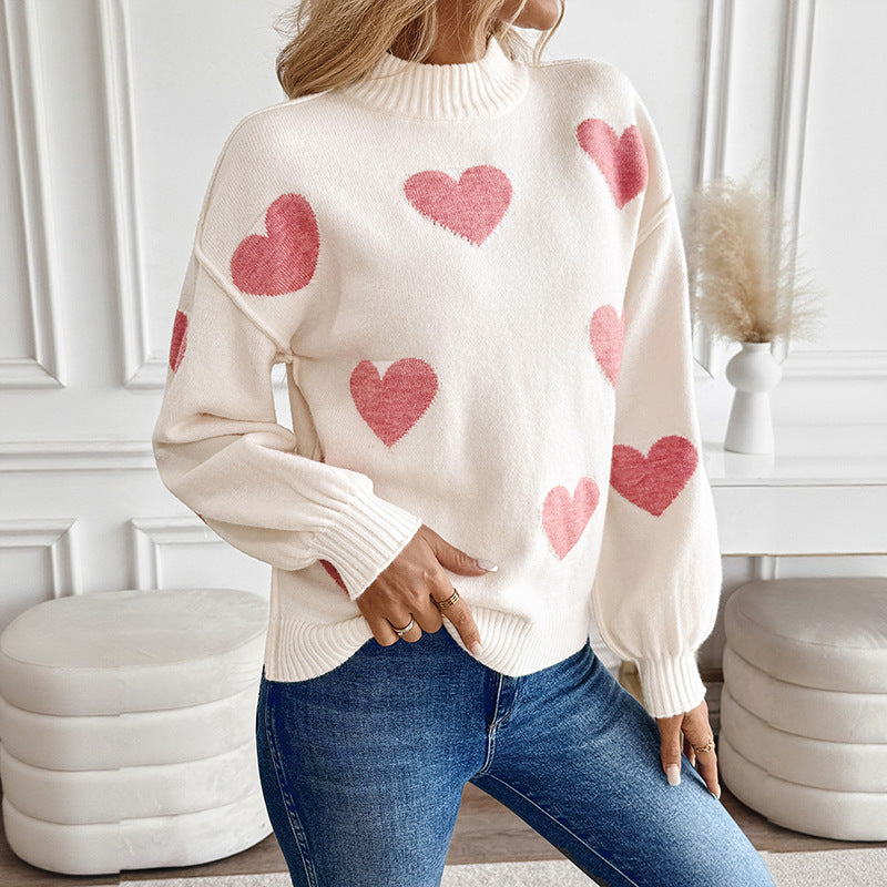 Loose Knit Sweater with Love Heart Jacquard and High-Neck