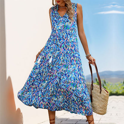 Abstract Print Tiered Midi Dress with Tassel V-Neck