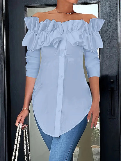 Solid Off-Shoulder Ruffled Button-Down Blouse