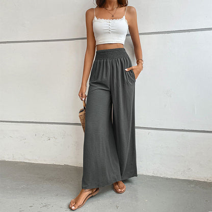 Casual Wide-Leg Trousers with High Smocked Waist