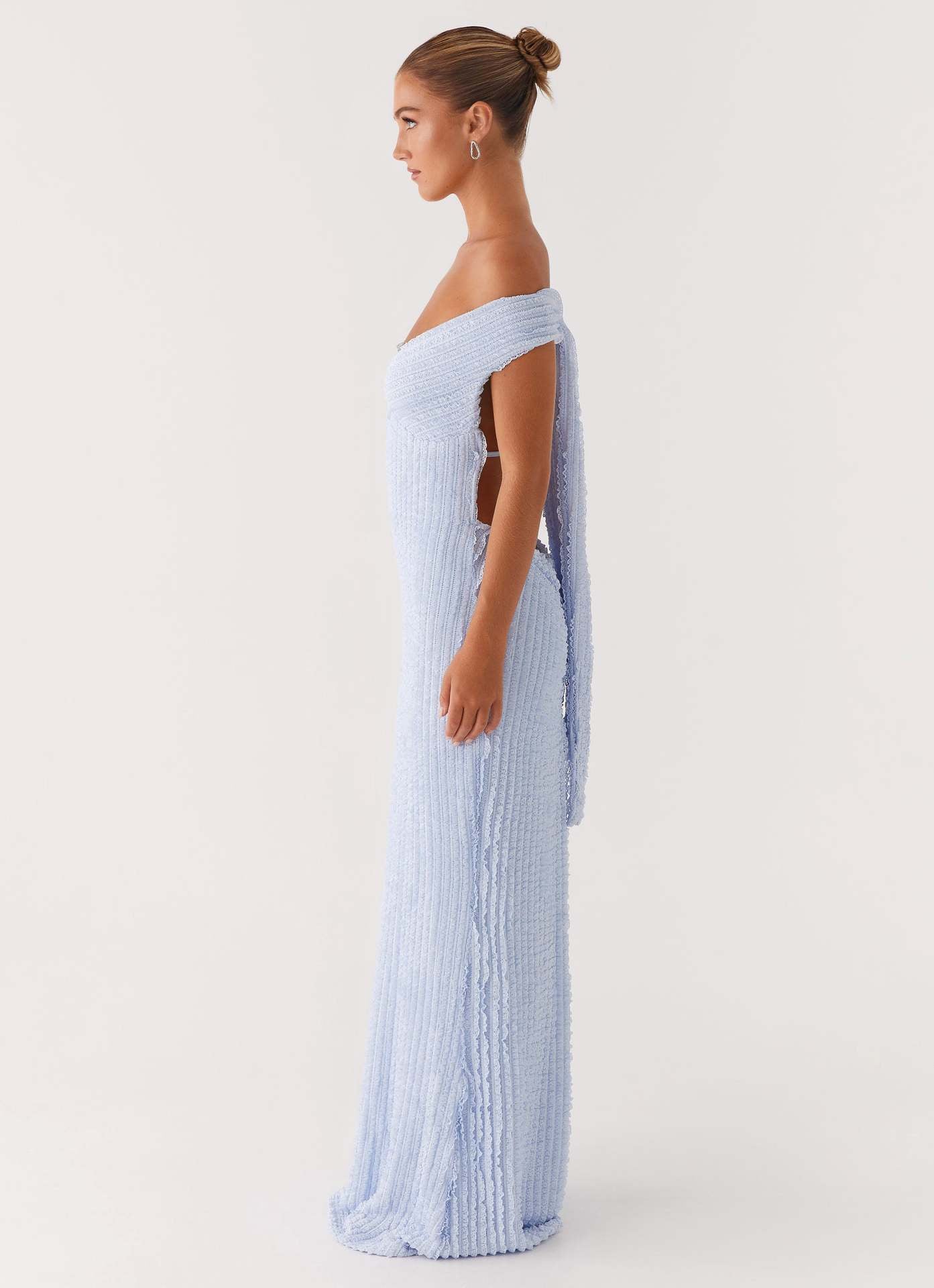 Textured Knit Pencil Maxi Dress with Off-the-Shoulder V-Neck