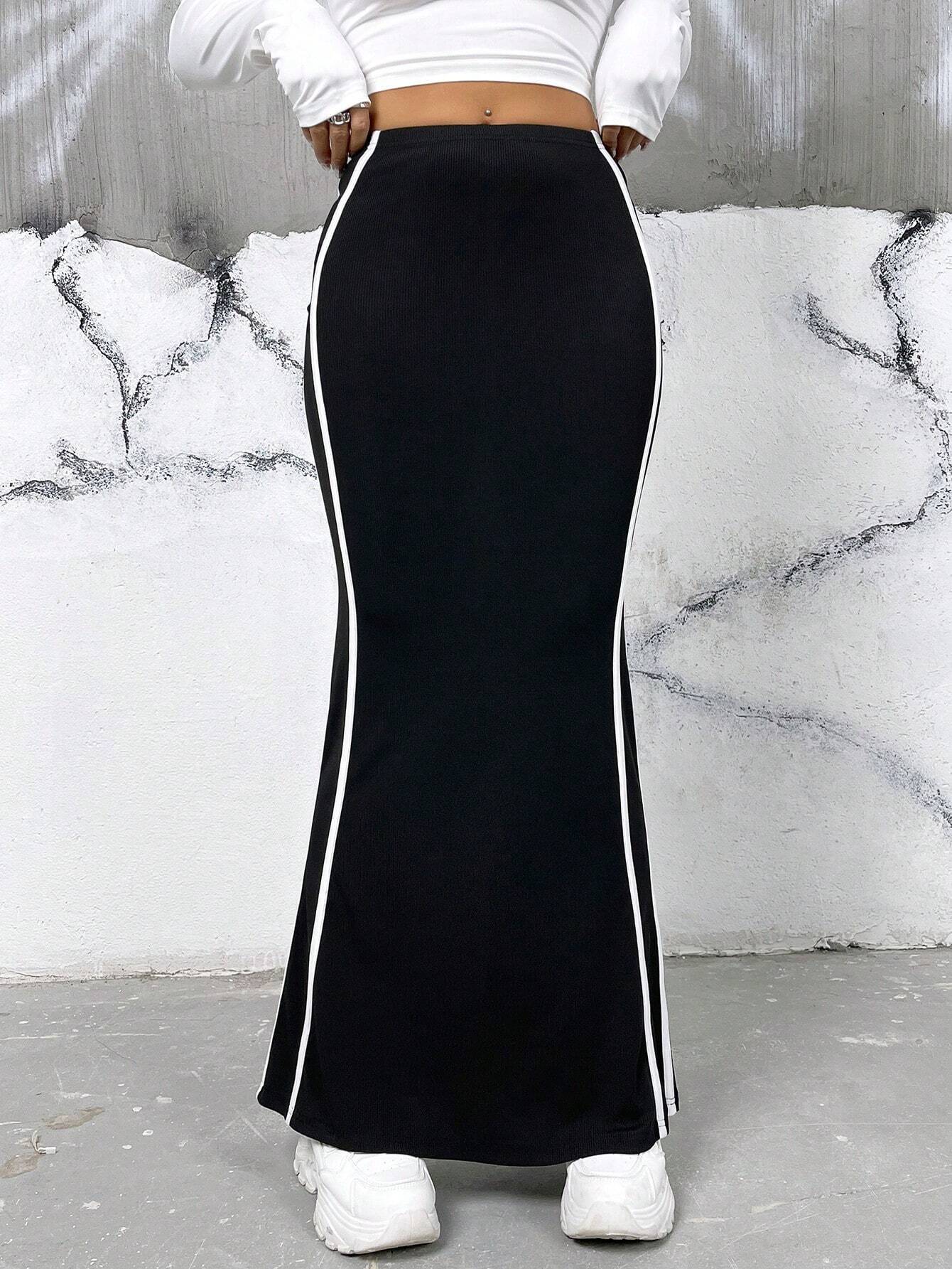 High-Waist Mermaid Maxi Skirt with Contrast Side Stripes